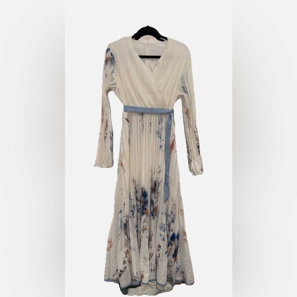 Elegant White and Blue Floral Long Sleeve Dress